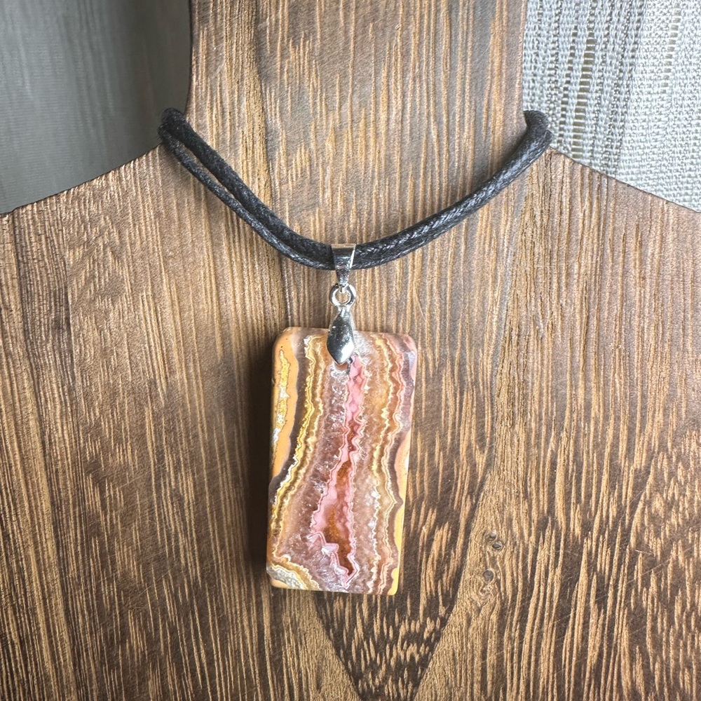 Crazy Lace Agate Rectangle Pendant Necklace on Black Rope